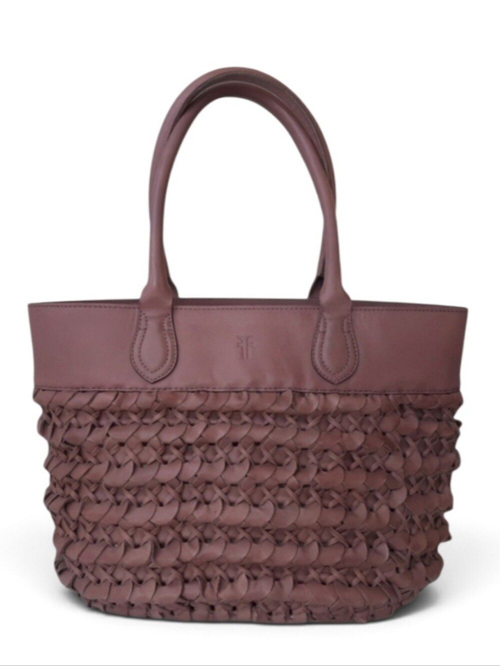 FRYE Leather Woven Tote Taupe Lilac Tan Braided Satchel Shopper Pocket Boho